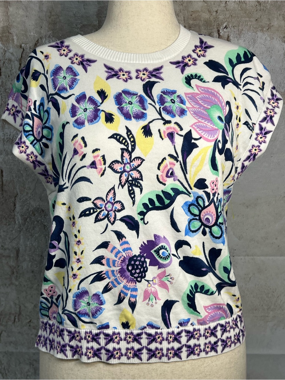 Talbots Floral Short Sleeve Sweater White Cotton Blend Size Large
